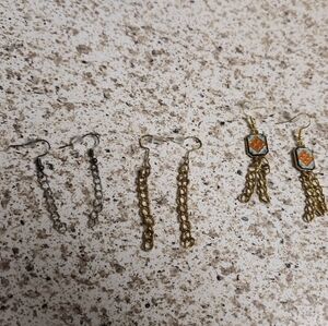 3 Pairs Chain Drop Earrings Gold And Silver Tones